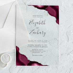 Invitations En Acrylique Mariage moderne Bourgogne Silver Agate Corners