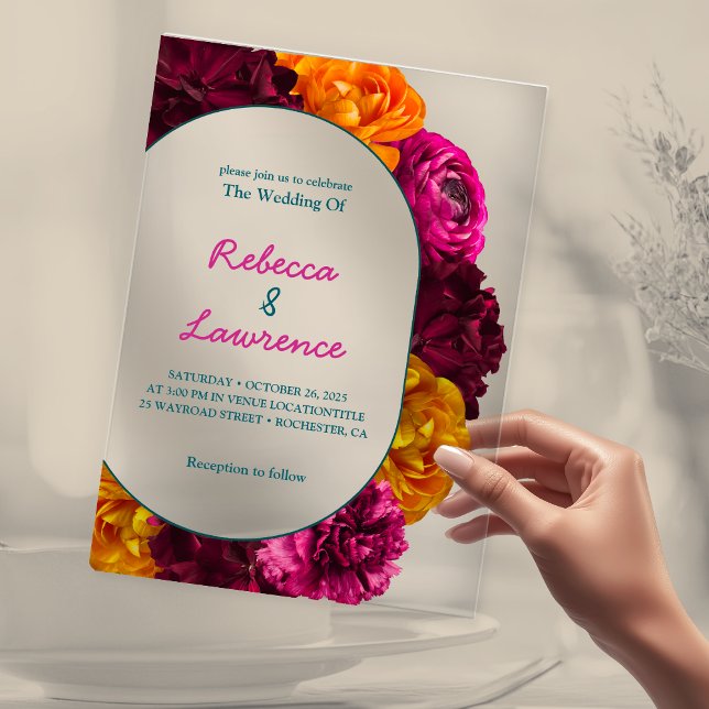 Invitations En Acrylique Mariage moderne chic rose chaud vert vert jaune fl (Créateur téléchargé)