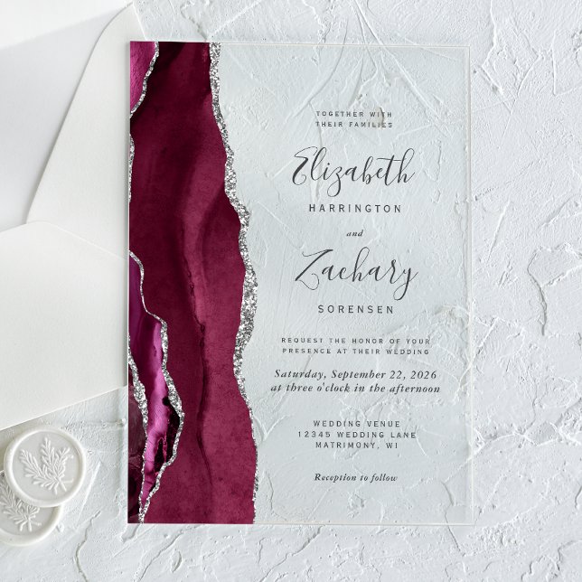Invitations En Acrylique Mariage moderne d'âge d'argent en Bourgogne (Créateur téléchargé)