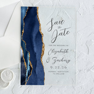 Invitations En Acrylique Mariage Moderne Écriture Agate Bleu Nuit Or