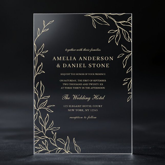 Invitations En Acrylique Mariage Moderne Élégant Feuille Minimal Or (Créateur téléchargé)