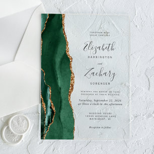 Invitations En Acrylique Mariage moderne Emerald Green Gold Agate
