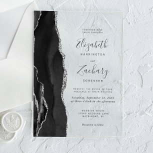 Invitations En Acrylique Mariage Moderne en Agate Noir Argent