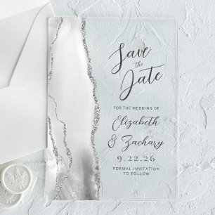 Invitations En Acrylique Mariage Moderne Gris Agate Blanc Argent Script