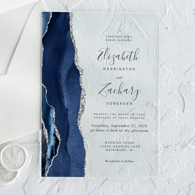 Invitations En Acrylique Mariage moderne Marine Blue Silver Agate (Créateur téléchargé)