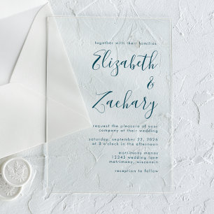 Invitations En Acrylique Mariage Moderne Minimaliste Bleu Canard Écriture