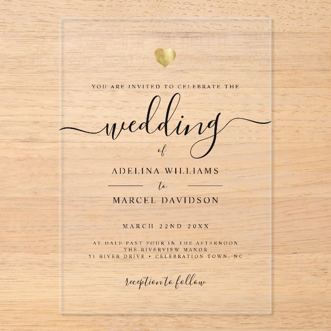 Invitations En Acrylique Mariage Moderne Minimaliste Calligraphie Cœur Doré (Recto)