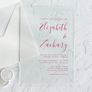 Invitations En Acrylique Mariage Moderne Minimaliste Écriture Magenta