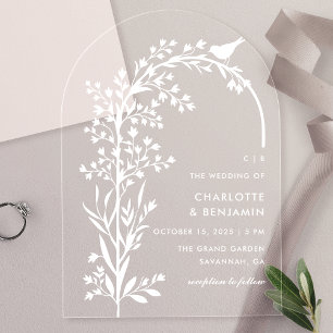 Invitations En Acrylique Mariage Moderne Oiseau Blanc et Branche