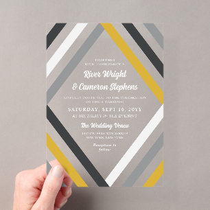 Invitations En Acrylique Mariage Moderne Rayures Diamant Jaune Noir Gris