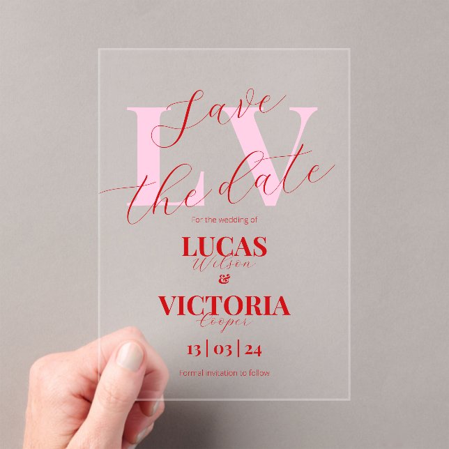 Invitations En Acrylique Mariage Moderne Rose Clair et Rouge, carte de sauv (In situ (ordinateur de poche))