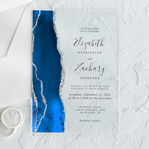 Invitations En Acrylique Mariage moderne Royal Blue Silver Agate