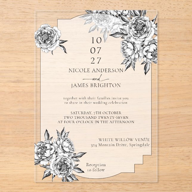 Invitations En Acrylique Mariage moderne simple noir et blanc (Recto)