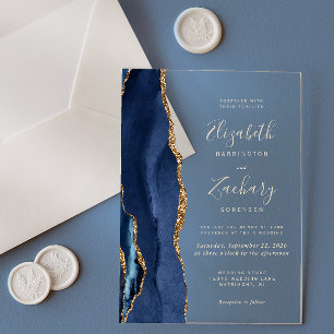 Invitations En Acrylique Mariage Moderne Texte Or Agate Bleu Nuit
