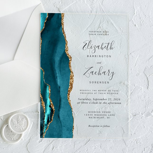 Invitations En Acrylique Mariage moderne Turquoise Blue Gold Agate (Créateur téléchargé)