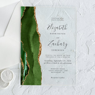 Invitations En Acrylique Mariage Moderne Vert Chasseur Agate Or