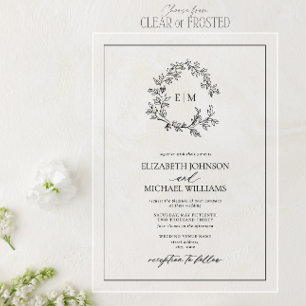Invitations En Acrylique Mariage Monogramme à Couronne de Feuilles Blanches
