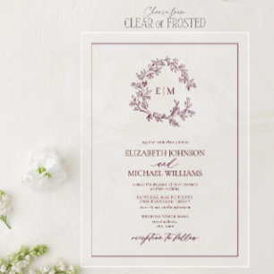 Invitations En Acrylique Mariage Monogramme de cime feutrée de Bourgogne mo