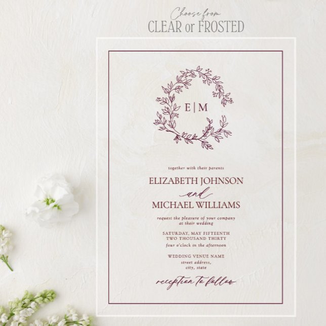 Invitations En Acrylique Mariage Monogramme de cime feutrée de Bourgogne mo (Créateur téléchargé)