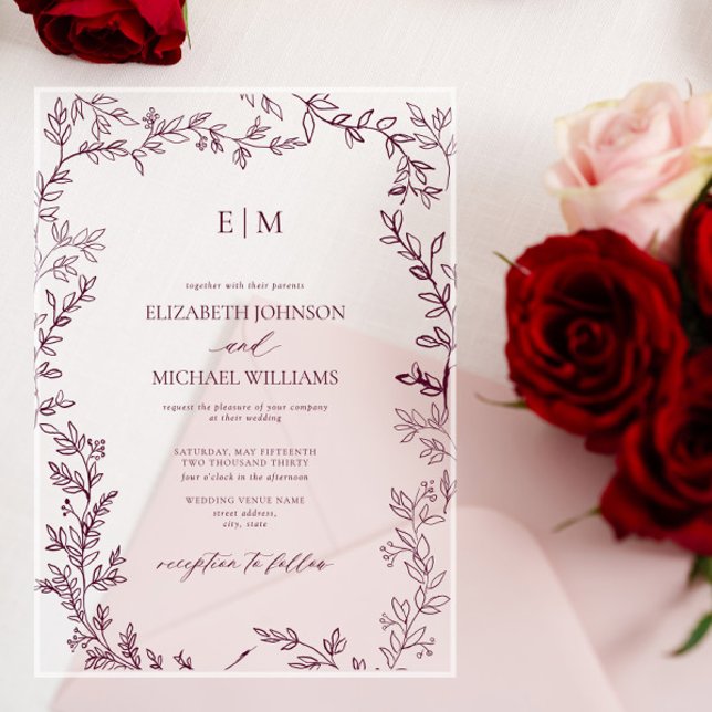 Invitations En Acrylique Mariage Monogramme Élégant à feuilles mini-bordeau (Créateur téléchargé)
