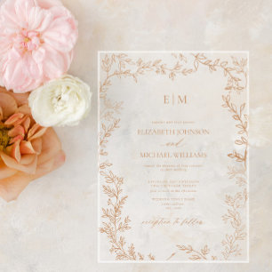 Invitations En Acrylique Mariage Monogramme Élégant à feuilles minimes