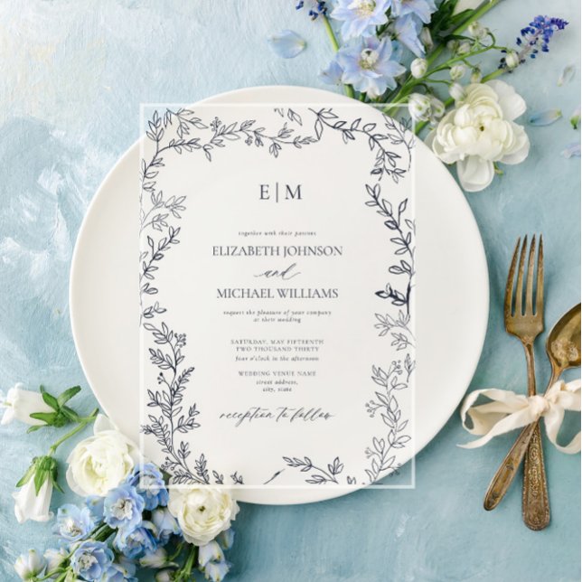 Invitations En Acrylique Mariage Monogramme Élégant bleu marine à feuilles  (Créateur téléchargé)