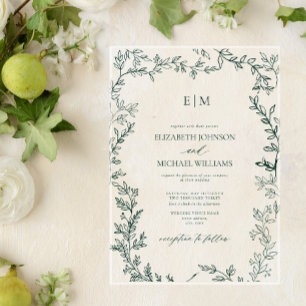 Invitations En Acrylique Mariage Monogramme Élégant Feuille Émeraude