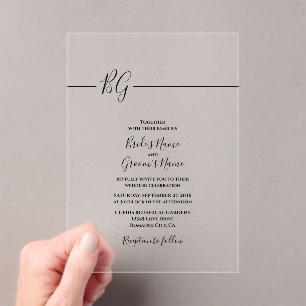 Invitations En Acrylique Mariage Monogramme minimaliste noir et blanc