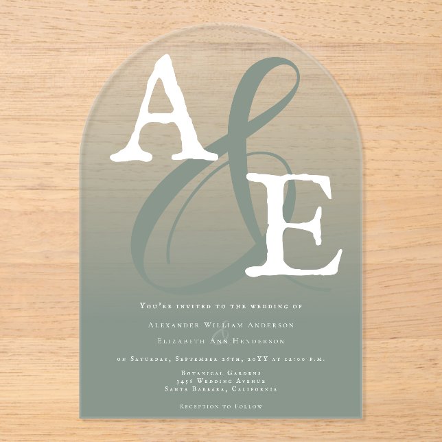 Invitations En Acrylique Mariage Monogramme minimaliste Sage Green (Recto)