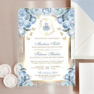 Invitations En Acrylique Mariage Musulman à l'Arche Dorée Fleurie Bleue Dou