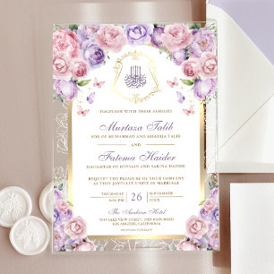 Invitations En Acrylique Mariage Musulman Arc Doré Floral Rose Lavande
