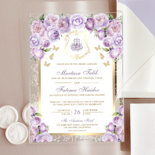 Invitations En Acrylique Mariage Musulman Arc Floral Pourpre Lavande Or