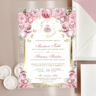 Invitations En Acrylique Mariage Musulman Arche Dorée Fleurie Rose Blush