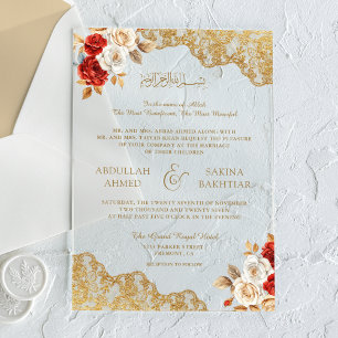 Invitations En Acrylique Mariage Musulman Broderie Dorée Fleurie Ivoire Rou