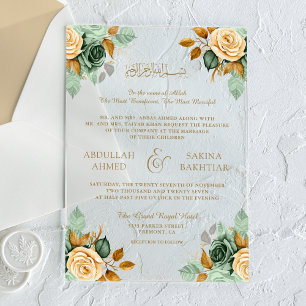 Invitations En Acrylique Mariage Musulman Crème Verte Floral Or