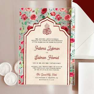 Invitations En Acrylique Mariage Musulman Fleurs Roses Rouges Marron Vintag