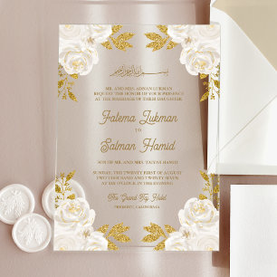 Invitations En Acrylique Mariage Musulman Islamique Paillettes Dorées Fleur