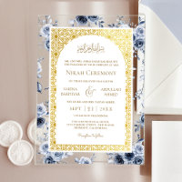 Mariage Musulman Motif Floral Bleu Poussiéreux Or