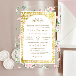 Invitations En Acrylique Mariage Musulman Motif Floral Rose Doré