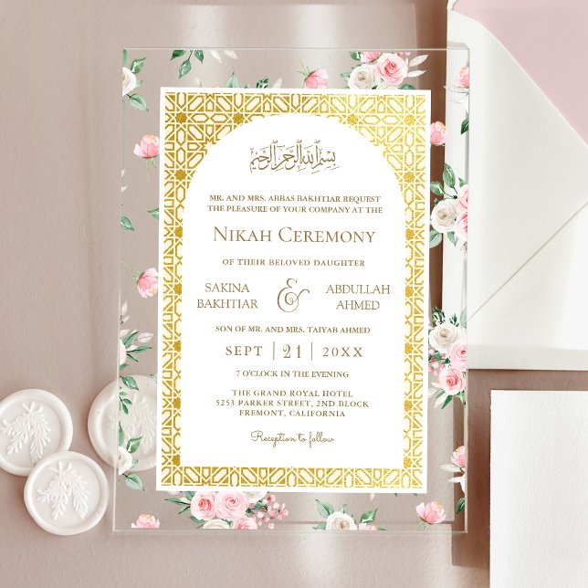 Invitations En Acrylique Mariage Musulman Motif Floral Rose Doré (Créateur téléchargé)