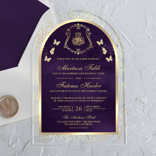 Invitations En Acrylique Mariage Musulman Papillon Or Violet Foncé Arche
