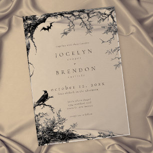 Invitations En Acrylique Mariage noir gravure d'arbre de chauve-souris corb