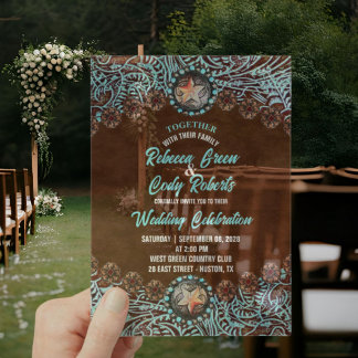 Invitations En Acrylique Mariage occidental Country Western Turquoise Marro