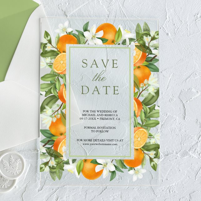 Invitations En Acrylique Mariage orange Tangerine Citrus Enregistrer la dat (Créateur téléchargé)