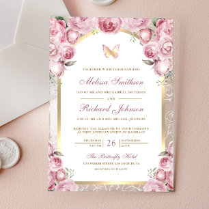 Invitations En Acrylique Mariage Papillon Arche Dorée Fleur Rose Rougissant