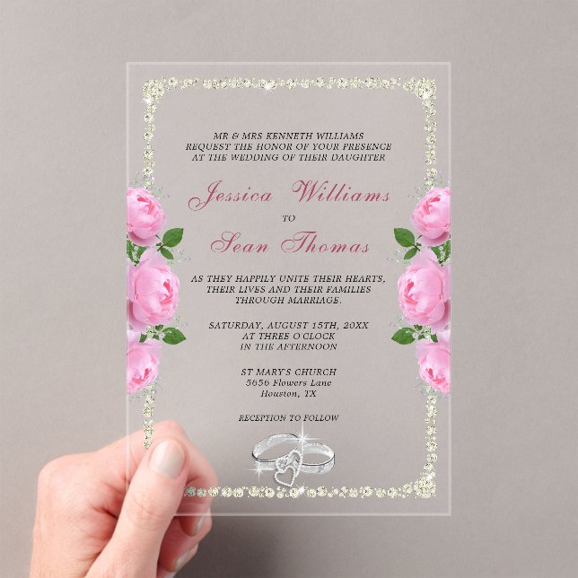 Invitations En Acrylique Mariage Posh Fragmenté Anneaux Diamants & Roses Ro (In situ (ordinateur de poche))