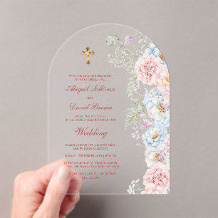 Invitations En Acrylique Mariage religieux à l'arche de pivoines pastel