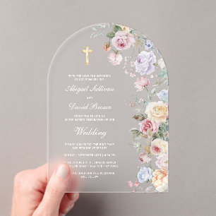 Invitations En Acrylique Mariage religieux Arches de roses à l'aquarelle