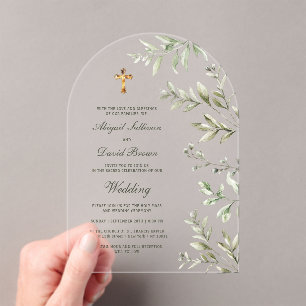 Invitations En Acrylique Mariage religieux avec arche de feuillage à l'aqua