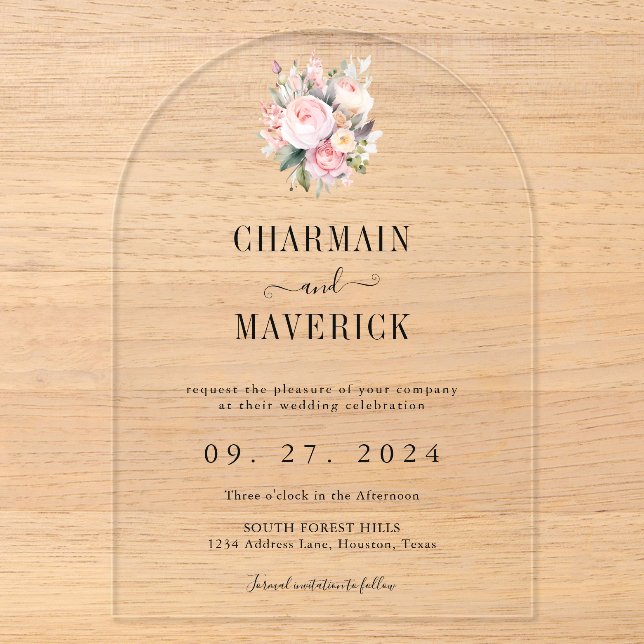 Invitations En Acrylique Mariage rose floral (Recto)